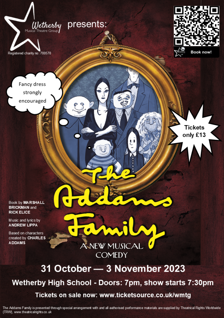 Image of the flyer, promoting the Addams Family musical, including details of the show